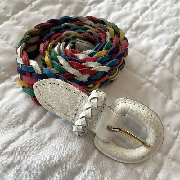 VINTAGE 90s Rainbow Braided Genuine Leather 30-34” Waist Belt Boho Pride - Picture 1 of 9